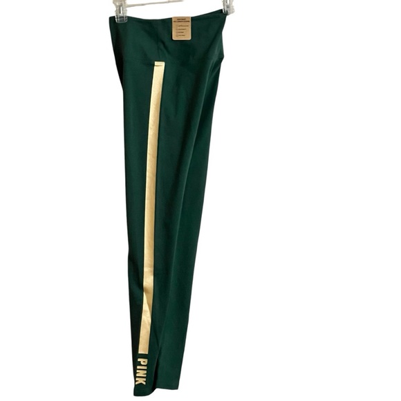 Victoria's Secret PINK Leggings Cotton High Waist Small Green W Gold Stripe - Picture 3 of 8